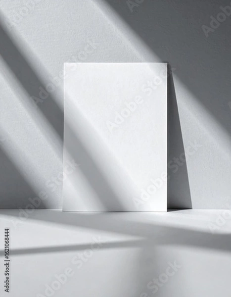 Fototapeta Minimalist White Paper Mockup on Gray Wall with Geometric Light and Shadows