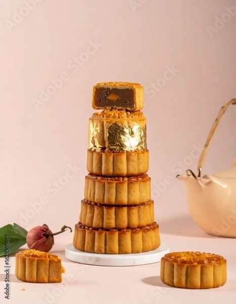 Fototapeta Stacked Mooncakes with Golden Details on White Surface with Teapot on Pink
