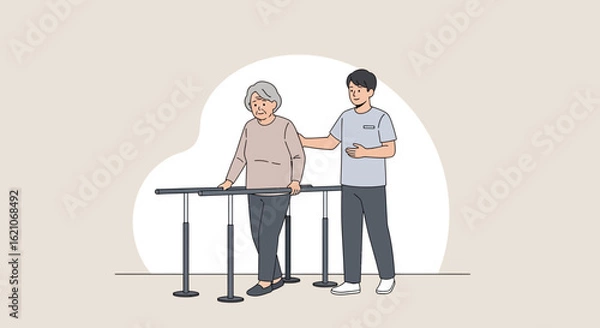 Fototapeta Rehabilitation Support For Elderly Woman With Parallel Bars At Clinic