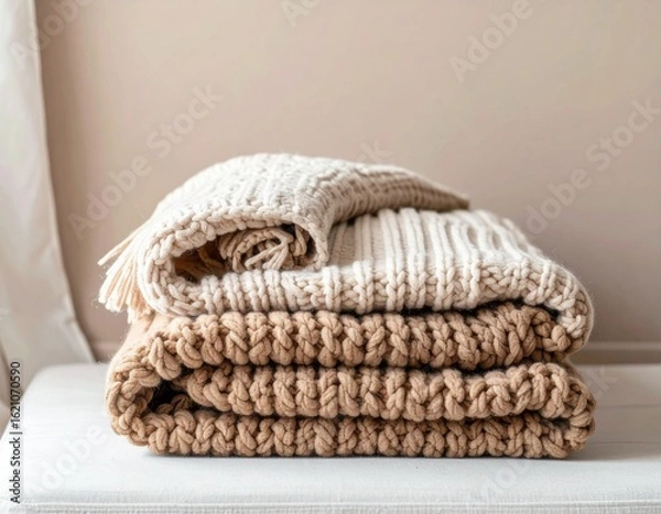 Fototapeta Stacked Beige and Cream Blankets Displayed Indoors on a Neutral Background