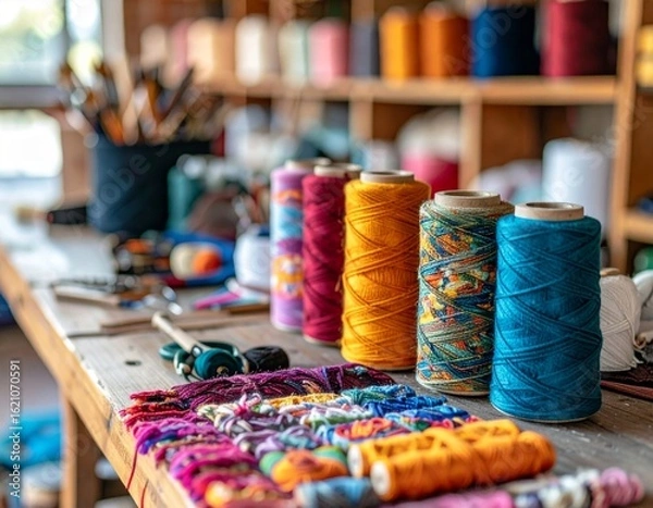 Fototapeta Colorful Thread Spools Arranged on Wooden Table with Artistic Craft Supplies