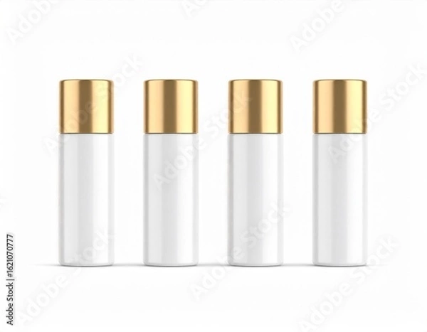 Fototapeta Four White Cosmetic Bottles with Golden Lids on Clean White Background Display