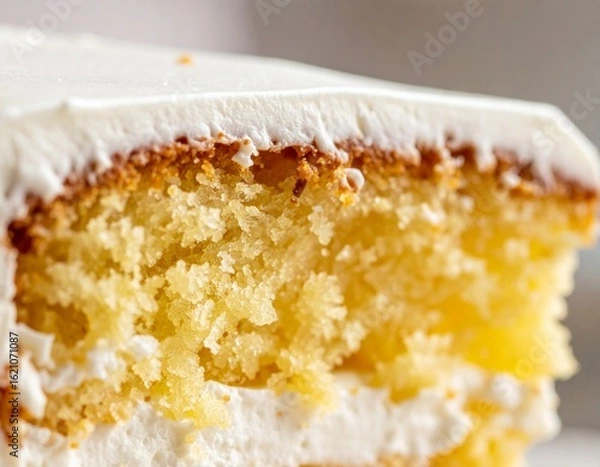 Fototapeta Close Up of Vanilla Layer Cake Slice with White Frosting and Sponge Texture
