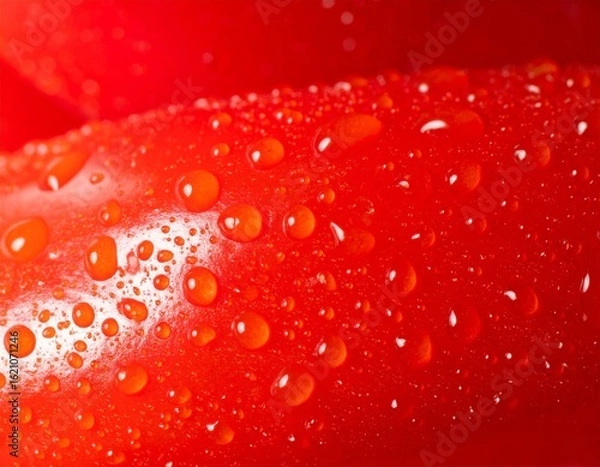 Fototapeta Vibrant Red Bell Pepper Covered in Water Droplets in Macro Photography Style