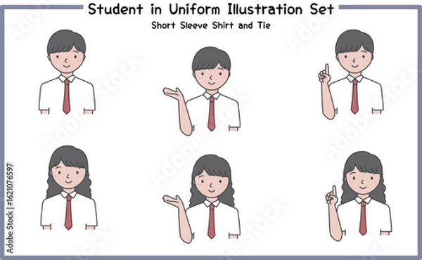 Obraz 制服姿の学生 イラストセット4-2 (半袖シャツ＆ネクタイ) / Student in Uniform, Character Pose Set