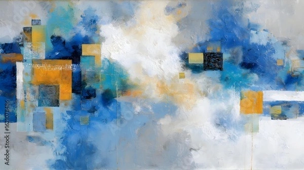 Fototapeta Dynamic Abstract Art Background with Blue, Gold, and White Textured Blocks and Brushstrokes