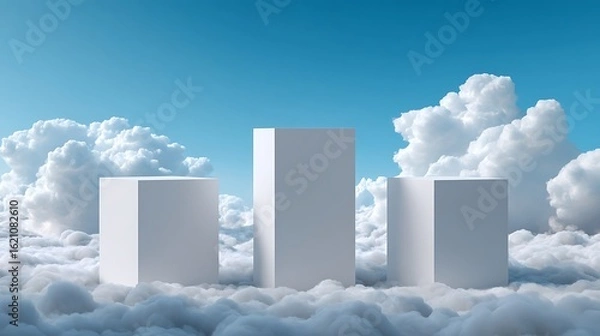Fototapeta Awesome photo of three white podiums floating among clouds with blue sky background.