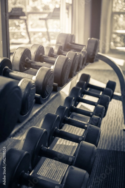 Fototapeta Rows of dumbbells in the gym with hign contrast and monochrome color tone