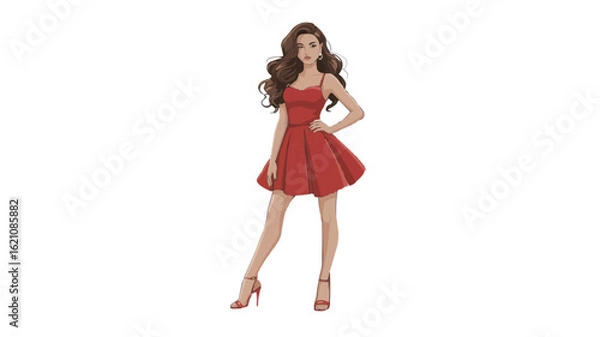 Obraz Woman with long brown hair posing in a short red dress and red high heels on a white background on transparent background