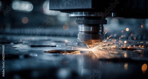 Fototapeta A close-up of an industrial machine turning, with sparks flying as it cuts metal with its blade precision craftsmanship at work during quality control welding for car parts production Generative AI