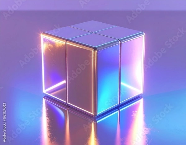 Obraz Iridescent Geometric Cube with Glowing Edges on Reflective Gradient Surface