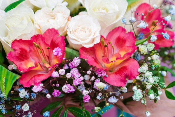 Obraz Flower arrangement background. Mixed bouquet of various types of flowers and colors. Red alstroemeria and white roses bordered with gypsophila.