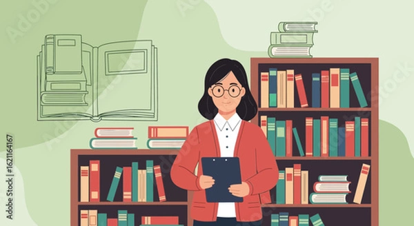 Obraz Confident Librarian With A Clipboard Standing In Front Of Bookshelves