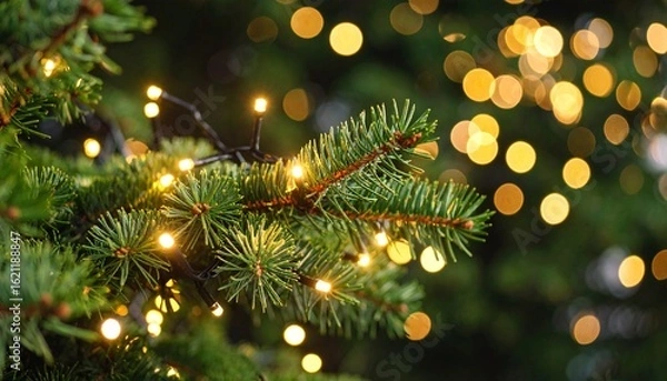Fototapeta Enchanting Christmas Pine Branch Aglow with Warm Lights and Golden Bokeh.