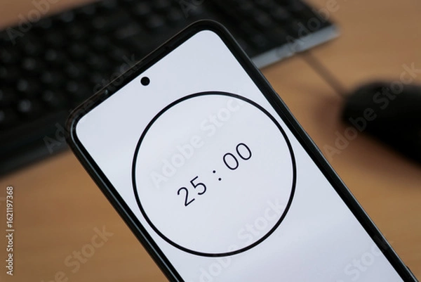Fototapeta A phone with white 25-minute timer to study with pomodoro method on laptop keyboard, study business background