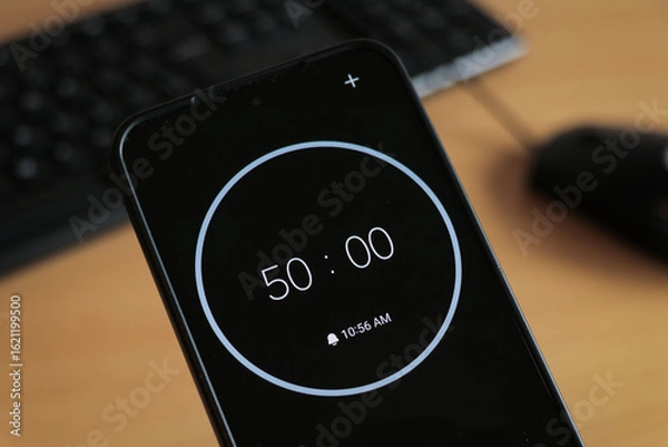 Fototapeta A phone with a black 50-minute timer to study with pomodoro method on laptop keyboard, study business background