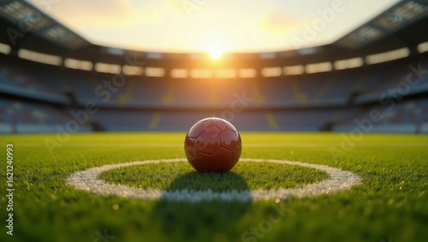 Fototapeta Professional soccer field with pristine turf and ball highlighted (no goal nets visible) — ideal for sports designs, virtual training, or fan content.