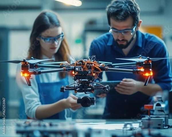 Obraz A bright industrial lab where glowing drone prototypes hover, engineers discussing designs with focused precision
