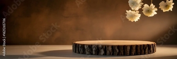 Fototapeta Photo of natural wood slice display platform with dried flowers and warm lighting