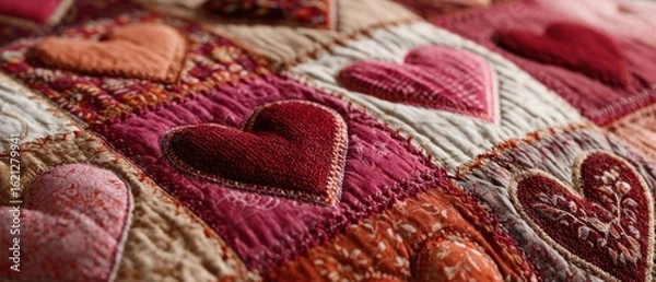 Obraz Patchwork Quilt with Embroidered Hearts