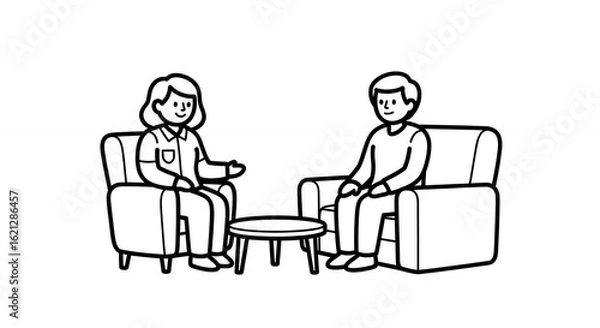 Fototapeta Black And White Vector Illustration of Therapy Session With Woman And Man In Chairs in a Medical Counseling Setting With Clean Line Art Style, Minimalistic Hand Drawn Sketch Design