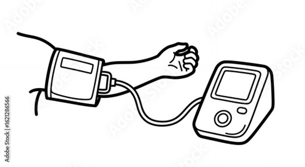 Fototapeta Blood Pressure Measurement Illustration in Black and White Line Art Style Medical Hand Drawn Sketch Showing a Digital Sphygmomanometer on a Person's Arm for Health Monitoring Clean Design