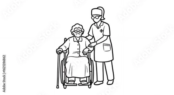 Fototapeta Caretaker Assisting Elderly Person in Wheelchair Black and White Medical Illustration in Hand Drawn Sketch Line Art Style Isolated on White Background A Simple Monochrome Design