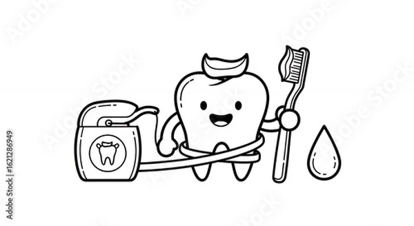 Fototapeta Cheerful Tooth with Toothbrush and Floss Dental Health Awareness medical hand drawn sketch line art outline doodle minimal minimalistic black white simple cartoon drawing illustration monochrome ink