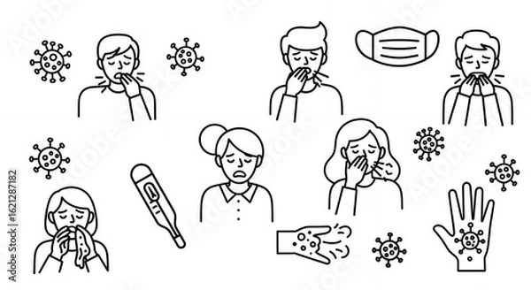 Fototapeta Collection of Viral Infection Symptoms and Prevention Line Art Illustrations Featuring Cough Fever Rash Medical Face Mask and Digital Thermometer in a Clean Black and White Doodle Style