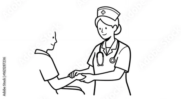 Fototapeta Compassionate Nurse Holding Patient's Hand in Black and White Line Art Style Medical Illustration with Hand Drawn Elements Sketch Outline Doodle Minimalistic Isolated Vector Style Clean Design