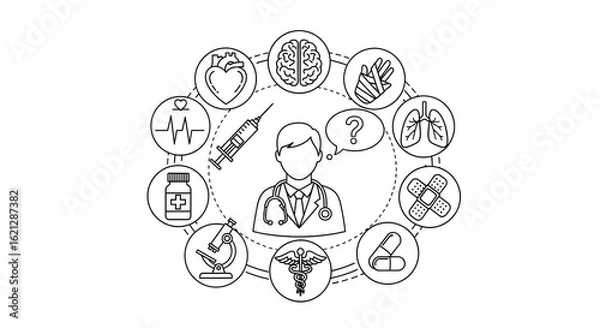 Fototapeta Comprehensive Medical Illustration Featuring Doctor Surrounded by Diverse Diagnostic and Treatment Icons in Black and White Sketch Style, Ideal for Healthcare Design medical,hand,drawn, sketch, line
