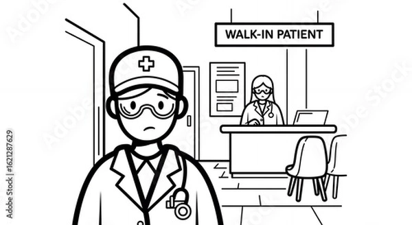 Fototapeta Concerned Doctor in Lab Coat at Walk-In Patient Reception Area Hand Drawn in Black and White Medical Illustration sketch Line Art Style isolated design clean drawing minimalistic vector style