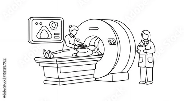 Fototapeta CT Scan Setup Medical Illustration Featuring Patient Examination Procedure in a Clean Black and White Minimalist Style with Doctor and Nurse Assisting, Hand Drawn Sketch in Line Art Style, Monochrome