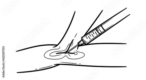Fototapeta Cyst Aspiration Line Art Depicting Syringe Needle Extracting Fluid medical hand drawn sketch line art outline doodle minimal minimalistic black white simple cartoon drawing illustration monochrome