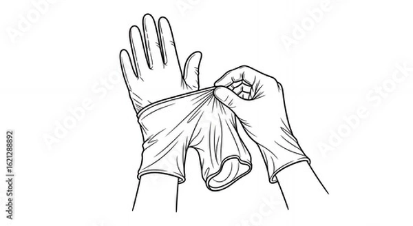 Fototapeta Detailed Black and White Line Art Depiction of Hands Putting on Medical Glove, Showcasing Sterile Procedure in Clean, Simple Style with Essential medical,hand,drawn, sketch, line art, outline