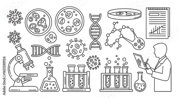 Fototapeta Detailed Black and White Line Art Featuring Virus DNA Microscope Flask Test Tubes and a Doctor in a Clean Medical Illustration Style medical hand drawn sketch line art outline doodle minimal