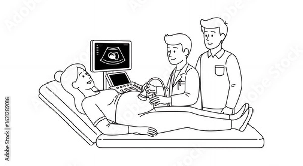 Fototapeta Detailed Black And White Line Art Illustration of a Pregnant Woman Undergoing Ultrasound with Two Medical Professionals, Set in a Clean Medical Environment with Modern minimalistic Style, Perfect for