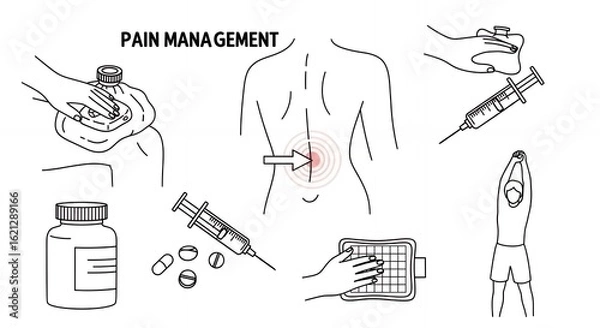 Fototapeta Detailed Black and White Line Art Illustration of Pain Management Techniques Involving Medication Injection Therapy and Physical Manipulation with Medical Hand Drawn Sketch Style