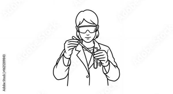 Fototapeta Detailed Black and White Line Art of a Woman Conducting an Experiment Wearing a Lab Coat and Safety Glasses Precisely Using a Dropper to Handle a Test Tube, Medical Illustration and Minimalist Style
