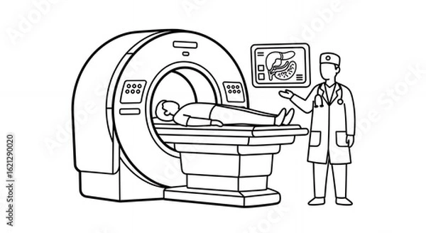 Fototapeta Detailed Black and White Line Art of CT Scan Machine with Patient and Doctor Medical Examination hand drawn sketch line art outline doodle minimal minimalistic black white simple cartoon drawing