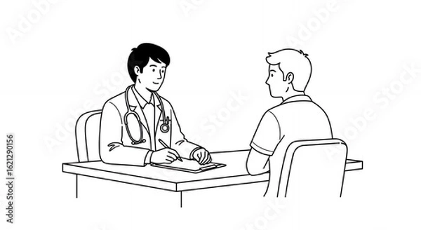 Fototapeta Detailed Black and White Line Art of Doctor Consulting with Patient Seated at Desk Illustration Medical Professional Hand Drawn Sketch Style Outline Design Isolated on White Background