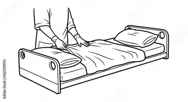 Fototapeta Detailed Black and White Line Art of Hand Making a Bed with Pillows and Sheets in a Simple Style, Clean Bedding, Domestic Scene, Household Chore,medical,hand,drawn, sketch, line art
