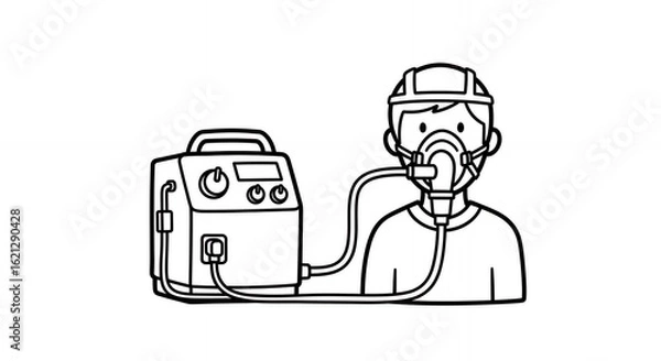 Fototapeta Detailed Black and White Line Art of Person with Oxygen Mask Connected to Medical Ventilator Machine Drawing in Minimalist Style and Clean Design Illustration on White Background, Perfect for Medical