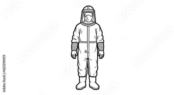Fototapeta Detailed Black and White Line Art of PPE Hazmat Suit a Protective Gear Standing with White Background Representing Safety and Health, Perfect for Medical Illustrations and Design Concepts