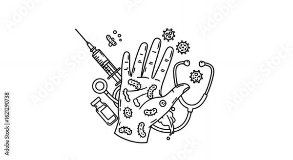 Fototapeta Detailed Hand Drawn Monochrome Illustration Featuring Medical Equipment such as Syringe and Stethoscope Surrounding a Human Hand, Isolated on White Background in Medical Style, sketch, line art