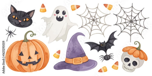 Fototapeta Halloween Watercolor Elements – Pumpkins, Ghosts, and Bats Set