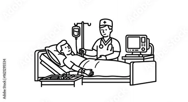 Obraz Doctor Assisting Patient in Hospital Bed with IV Drip and Monitor in Black and White Clean Line Art Style, medical hand drawn sketch line art outline doodle minimal minimalistic black white simple