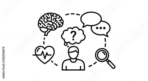 Fototapeta Holistic Health Concept Featuring Human Figure with Brain Heart Speech Bubbles Question Mark and Magnifying Glass in Black and White Line Art medical hand drawn sketch line art outline doodle minimal