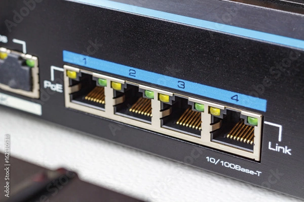 Obraz Ethernet switch ports with PoE function closeup