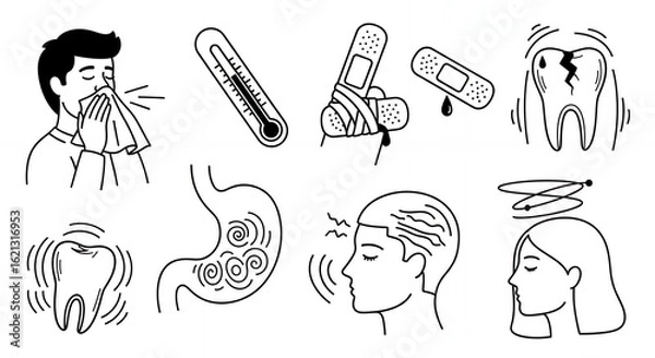 Fototapeta Minimalist Monochrome Line Art Depicting Medical Symptoms Including Sneezing Headache Dizziness and Toothache with Medical Hand Drawn Sketch Line Art Style Illustration Clean Design Vector